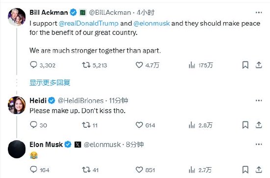 对冲基金大鳄阿克曼呼吁马斯克与特朗普和解，
