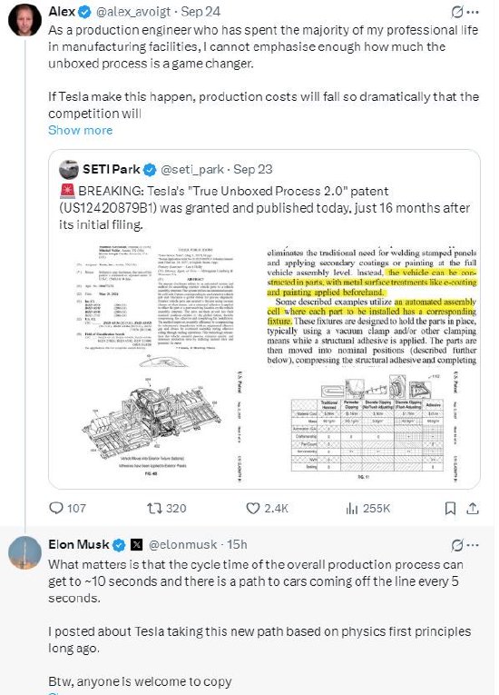 马斯克称特斯拉开箱式组装工艺将实现“5秒造车